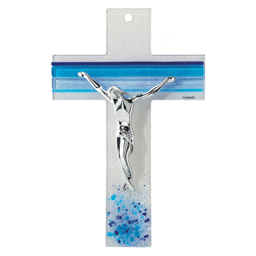 Murano Blue Glass Crucifix w/Silver Corpus