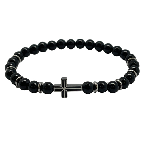 Bracelet Stainless Steel/Hematite Beads with Cross