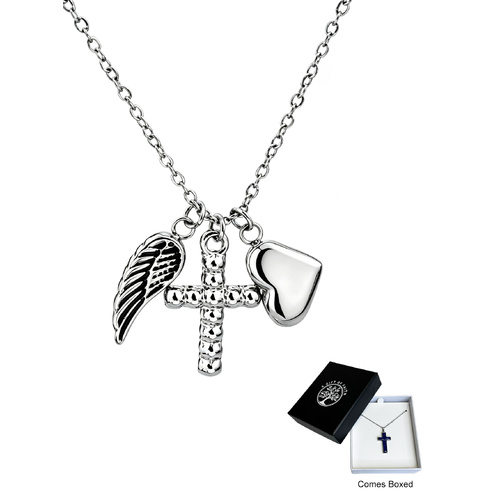 Gift of Faith Necklace with Diamonte Cross, Feather & Heart