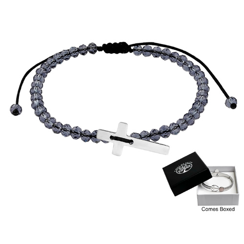 Bracelet Black Crystal Beads w/Cross 