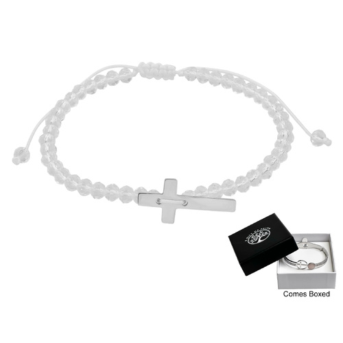 Bracelet White Crystal Beads w/Cross