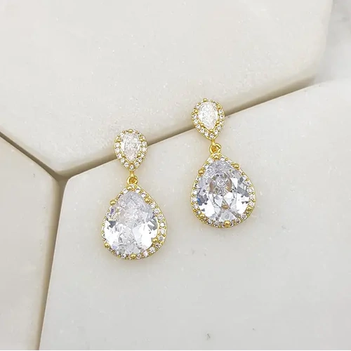 Gold Tear Drop Earrings w/Cubic Zirconias