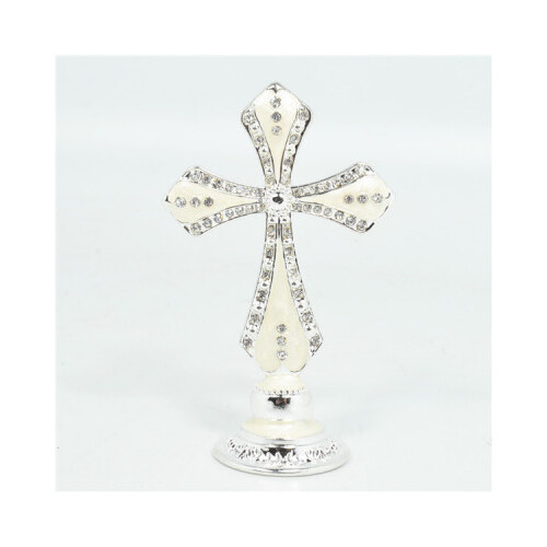 Metal Cross Silver/White Enamel Cake Topper on Stand