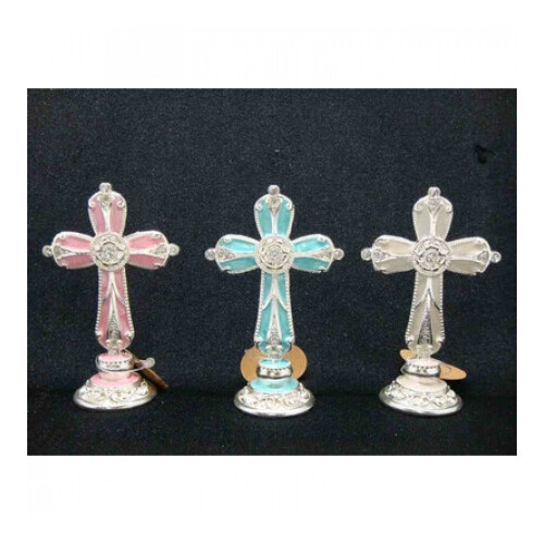 Metal Cross Blue Cake Topper on Stand