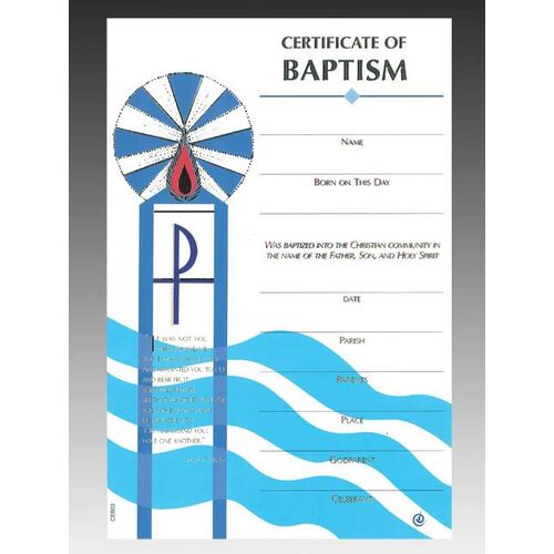 Blue and White Catholic Baptismal Certificate with Candle Imagery
