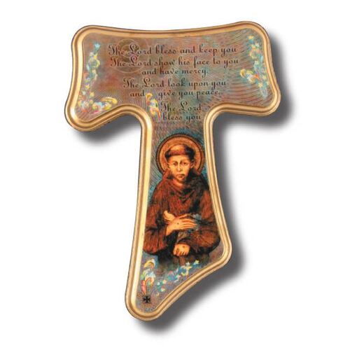 Crucifix Wood St Francis Tau Gold Edge Large - 210 x 160mm