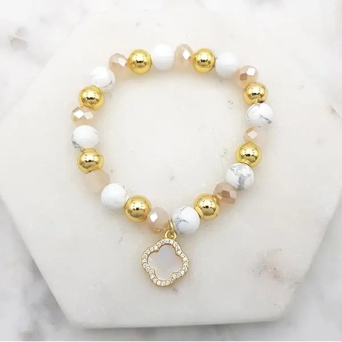 Bracelet w/CZ Clover & Howlite Crystal