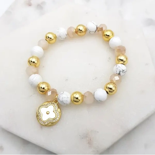 Bracelet w/CZ Clover & Howlite Crystal