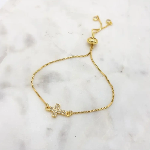 Gold Bracelet w/CZ Cross Adjustable