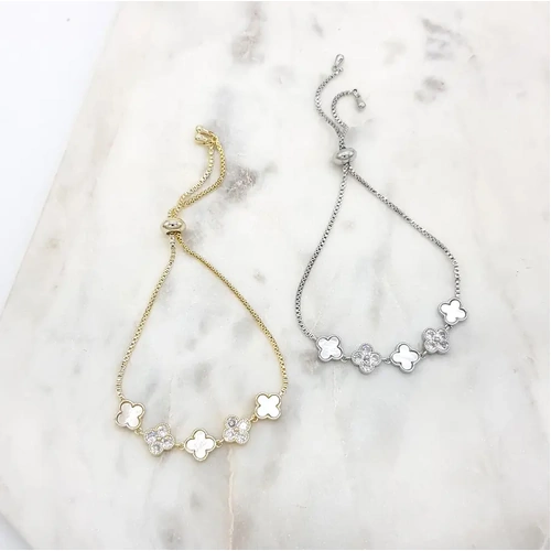 Silver CZ Bracelet w/MOP Clover
