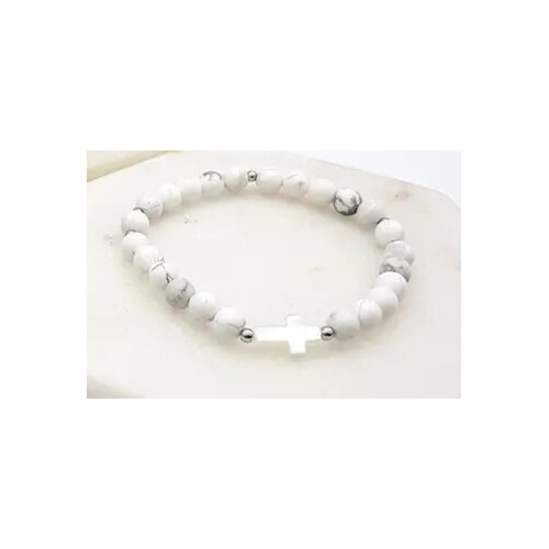 White Howlite Bracelet w/Silver Cross