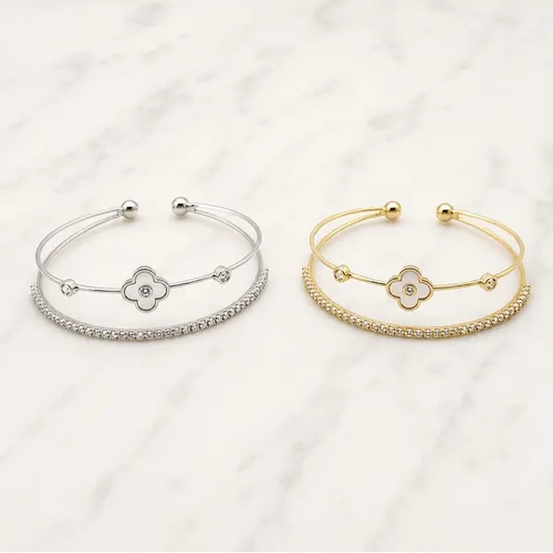 Silver Bangle w/MOP Clover Set