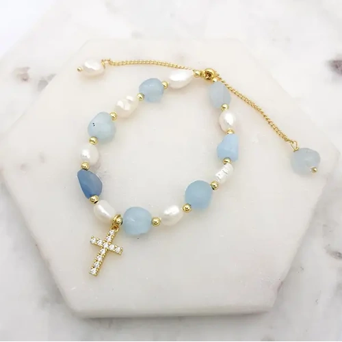 Bracelet Freshwater Pearl w/CZ Cross Charm