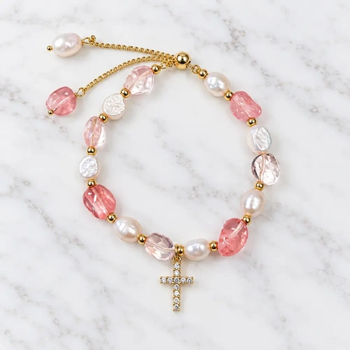 Bracelet Freshwater Pearl w/CZ Cross Charm