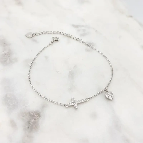 Sterling Silver Bracelet w/Cross & Heart