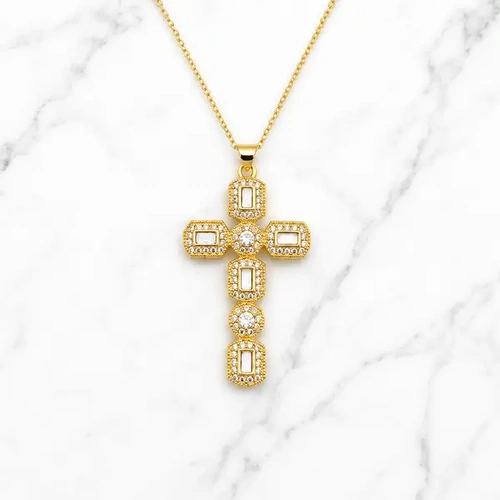 Gold Mother of Pearl Cross CZ & Chain