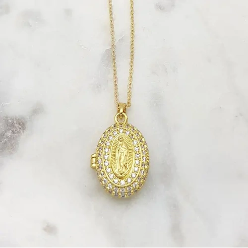 Gold Plated Mary Locket w/Cubic Zirconia
