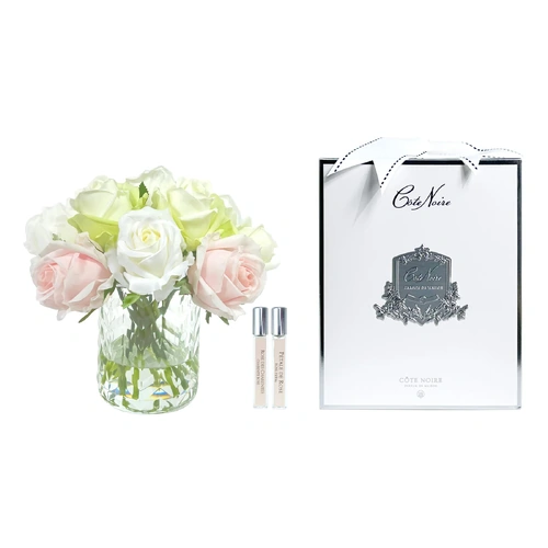 French Pink, Green & White Roses Buds Perfumed Flower - Herringbone Vase