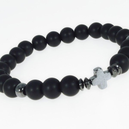 Bracelet Black Beads w/Black Cross