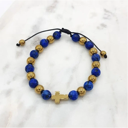 Bracelet w/Gold-Blue Beads & Tulle Bag