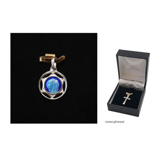 Sterling Silver Medal O.L.Lourdes/ Madonna Blue Round - 13mm