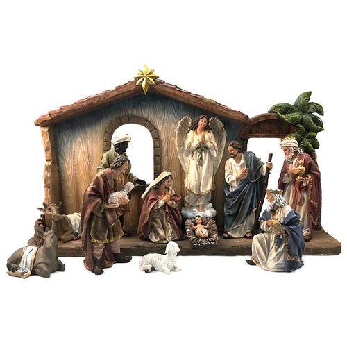 Nativity Set and Stable Resin with Canvas Finish