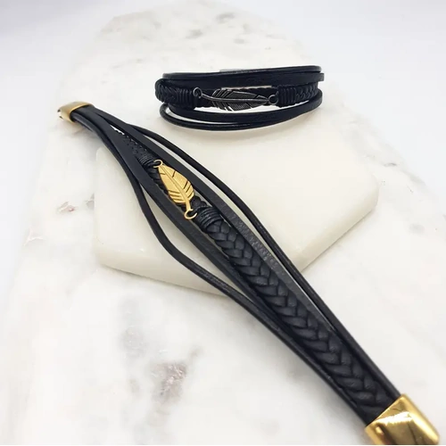Stainless Steel Gold Leather Feather Bracelet