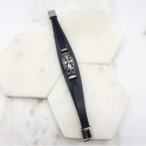 Stainless Steel Silver Leather Celtic Cross Bracelet