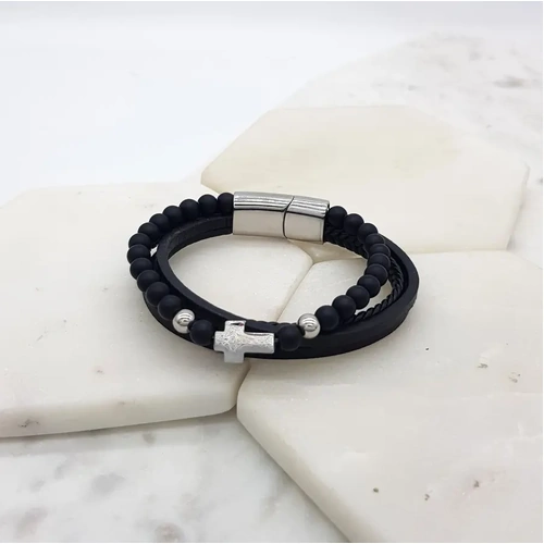Stainless Steel Silver Leather Cross Bracelet